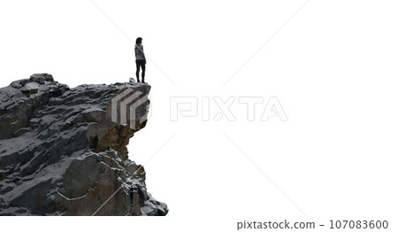 Adventure Woman Hiker standing on top of Mountain Peak. Cutout on White Background. 3d Rendering Adventure Woman Hiker standing on top of Mountain Peak. Cutout on White Background. 3d Rendering 107083600