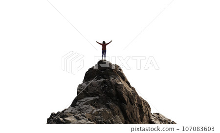 Adventure Woman Hiker standing on top of Mountain Peak. Cutout on White Background. 3d Rendering Adventure Woman Hiker standing on top of Mountain Peak. Cutout on White Background. 3d Rendering 107083603
