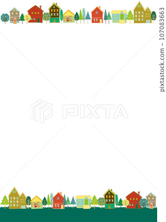 Scandinavian style house and trees landscape top and bottom frame background white vertical 107083663