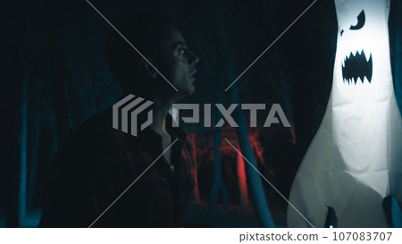 Serial Killer Find A Ghost In The Night Forest For Halloween Serial Killer Find A Ghost In The Night Forest For Halloween 107083707