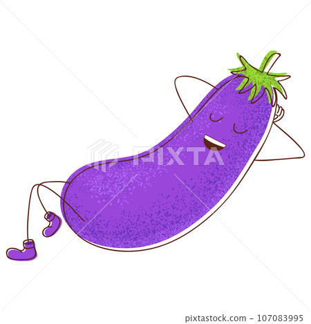 A self-assured purple eggplant character in an old-school cartoon style, radiating satisfaction with life. Illustration isolated on a white background. Emoji print. 107083995
