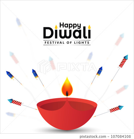 Indian festival Happy Diwali background, Diwali or Deepavali with burning diya and fireworks on white background. 107084108