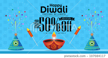 50% Off Happy Diwali Promotion Sale Banner Design Template. Diwali Diya oil lamp with flower pot crackers on blue wall with fireworks background on Diwali festival 107084117