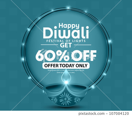 60% offer sale ad banner design template, Diwali celebration banner or poster with diya oil lamp. Vector illustration 107084120