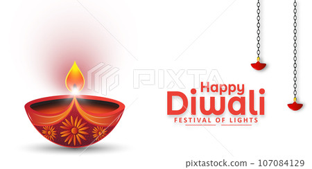 Happy Diwali festival celebration beautiful Diwali diya oil lamp banner design on white background. Vector illustration. 107084129
