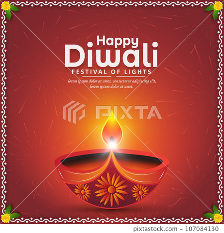 Happy Diwali festival of lights greeting card design with diya oil lamp with fireworks on red background. Vector illustration Happy Diwali festival of lights greeting card design with diya oil lamp with fireworks on red background. Vector illustration 107084130