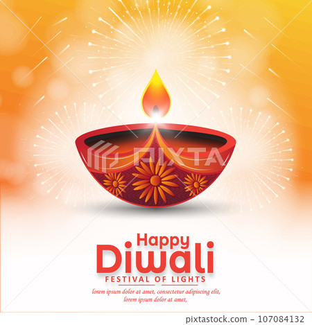 Happy Diwali festival greeting card design with diya oil lamp with fireworks on yellow background. Vector illustration Happy Diwali festival greeting card design with diya oil lamp with fireworks on yellow background. Vector illustration 107084132
