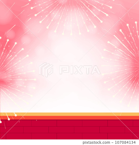 Fireworks on red brick wall background. Vector illustration. 107084134