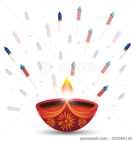 Indian festival Happy Diwali background, Diwali or Deepavali with burning diya and fireworks. Vector illustration. Indian festival Happy Diwali background, Diwali or Deepavali with burning diya and fireworks. Vector illustration. 107084139