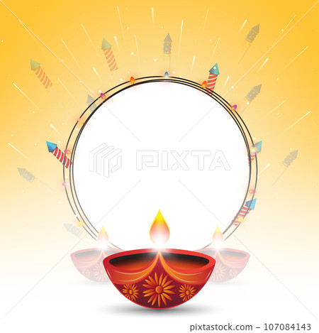 Happy Diwali festival with diya and crackers on yellow background with space for your text. Vector illustration. 107084143