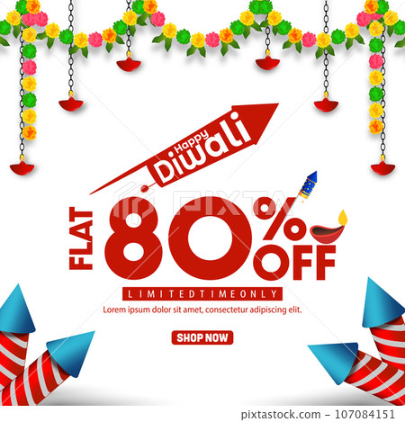 80% off Diwali banner template design with colorful flowers and fireworks on white background. 80% off Diwali banner template design with colorful flowers and fireworks on white background. 107084151