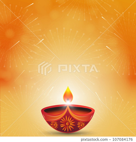 Happy Diwali festival of lights greeting card background with diya lamps and fireworks. 107084176