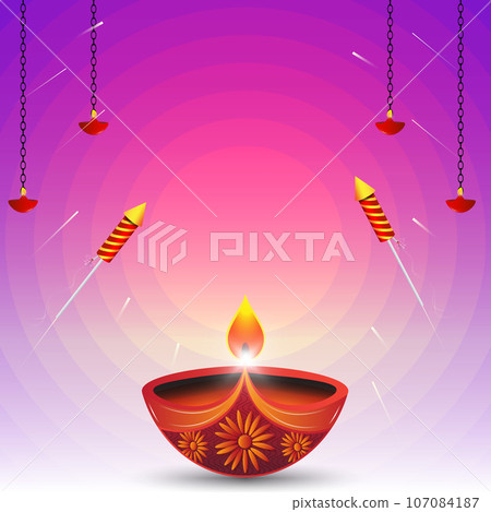Happy Diwali greeting card background with diya lamps and fireworks. 107084187