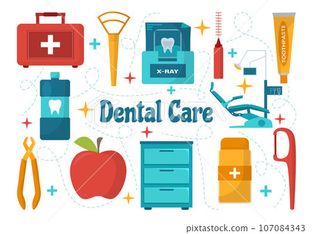 Dental Care Vector Illustration with Dentist Treating Human Teeth and Cleaning Using Medical Equipment in Healthcare Flat Cartoon Background Design 107084343