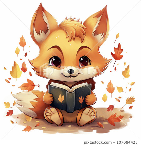 Cute fox reading a book in autumn - AI image 107084423