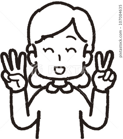 Upper body line drawing illustration of a smiling woman making 32 hand signs with two fingers on her left hand and three fingers on her right hand 107084635