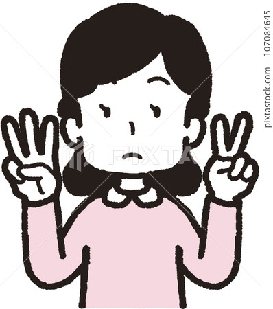 Upper body illustration of a woman doing 32 hand signs with two fingers on the left hand and three fingers on the right hand 107084645