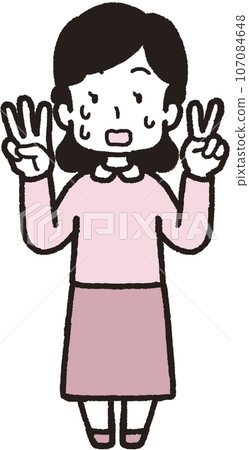 A full-body illustration of a sweaty and panicked woman making 32 hand signs with two fingers on her left hand and three fingers on her right hand. 107084648