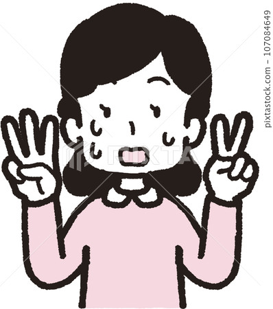 Upper body illustration of a woman sweating and panicking while doing 32 hand signs with two fingers on her left hand and three fingers on her right hand 107084649