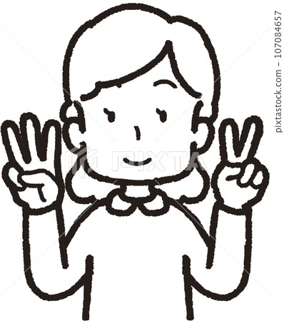 Upper body line drawing illustration of a smiling woman making 32 hand signs with two fingers on her left hand and three fingers on her right hand 107084657