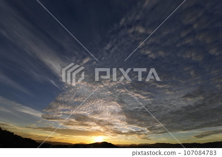 Early autumn morning sky with various clouds at sunrise, ultra-wide angle, sky-based, 230915am 107084783