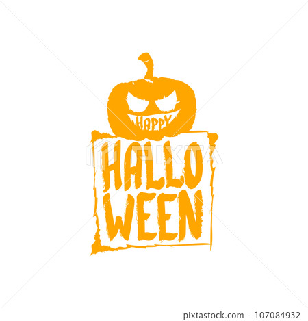 Happy Halloween text banner design template with scary halloween pumpkin isolated on white background. Halloween party lettering logo, label, sticker, poster and banner design 107084932