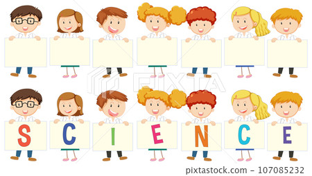 Science Logo Banner with Cartoon Scientists in Gowns Science Logo Banner with Cartoon Scientists in Gowns 107085232
