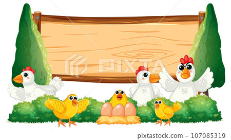 Hen and Chick in Nature with Wooden Board Template 107085319