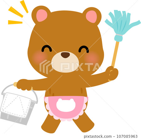 A bear cleaning while wearing a pink apron 107085963