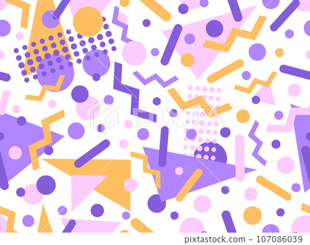 Memphis seamless pattern with geometric shapes in 80s style. Colorful geometric pattern. Design of promotional products, wrapping paper and printing. Vector illustration Memphis seamless pattern with geometric shapes in 80s style. Colorful geometric pattern. Design of promotional products, wrapping paper and printing. Vector illustration 107086039