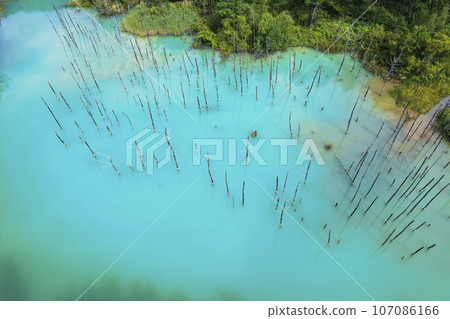 Aerial view of Shirogane Blue Pond in Biei, Hokkaido Aerial view of Shirogane Blue Pond in Biei, Hokkaido 107086166