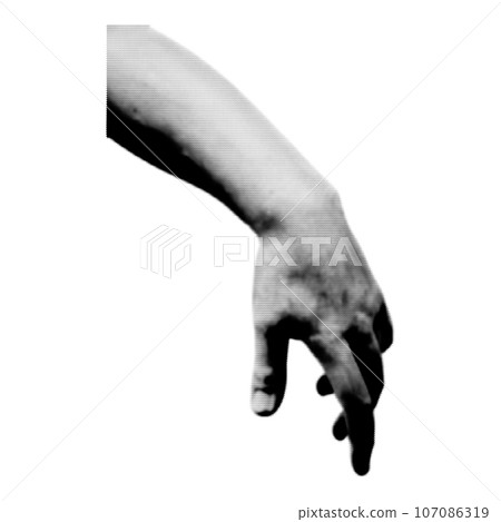 Halftone human hand. Collage design element in trendy magazine style. Retro halftone effect. Illustration with vintage grunge punk cutout shape. Halftone human hand. Collage design element in trendy magazine style. Retro halftone effect. Illustration with vintage grunge punk cutout shape. 107086319