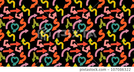 Direction indicators seamless pattern. Naive playful arrow pointers with vector texture in trendy retro style. Y2k aesthetic. Dynamic arrow signs for design 107086322