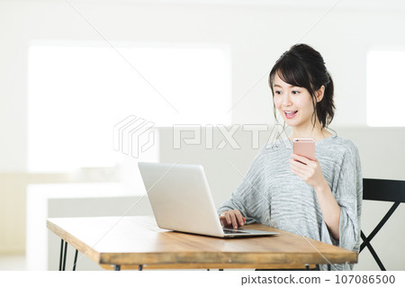 Young woman operating a personal computer in the living room Young woman operating a personal computer in the living room 107086500