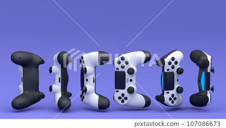 Set of flying gamer joysticks or gamepads on violet background 107086673