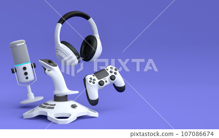 Top view gamer gears like joystick, microphone, headphones and controllers 107086674