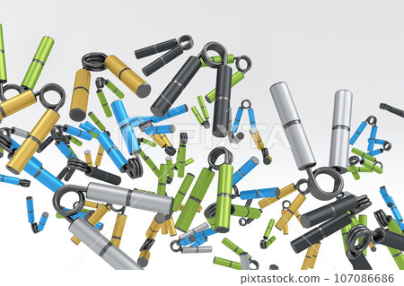 Flying of sport equipment like hand expander or resistance band on white Flying of sport equipment like hand expander or resistance band on white 107086686