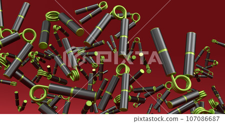 Flying of sport equipment like hand expander or resistance band on red Flying of sport equipment like hand expander or resistance band on red 107086687
