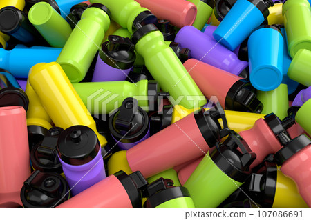 Pile of plastic sport shaker for protein drink on white background Pile of plastic sport shaker for protein drink on white background 107086691