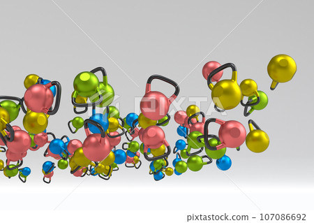 Many of flying sport equipment sport like rubber kettlebell on white background Many of flying sport equipment sport like rubber kettlebell on white background 107086692
