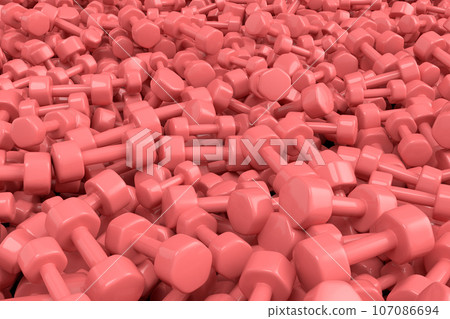Pile of sport equipment sport like rubber dumbbell, barbell on pink background 107086694