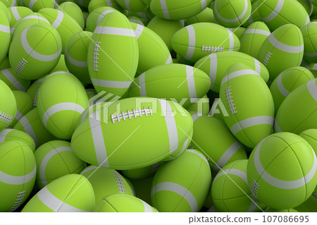 Many of flying green american football ball falling on white background Many of flying green american football ball falling on white background 107086695