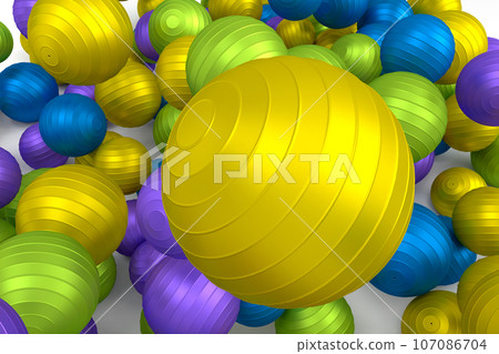 Many of flying multicolor fitness ball or fitball falling on white background Many of flying multicolor fitness ball or fitball falling on white background 107086704