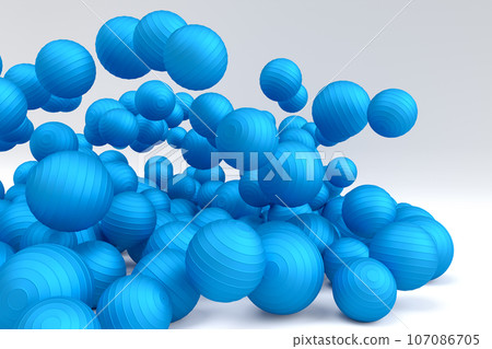 Many of flying blue fitness ball or fitball falling on white background Many of flying blue fitness ball or fitball falling on white background 107086705