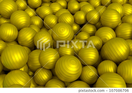 Pile of yellow fitness ball or fitball falling on white background Pile of yellow fitness ball or fitball falling on white background 107086706