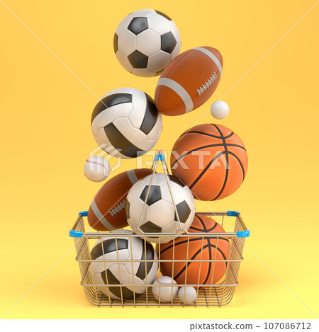 Set of ball like basketball, football and golf in shopping basket on yellow Set of ball like basketball, football and golf in shopping basket on yellow 107086712