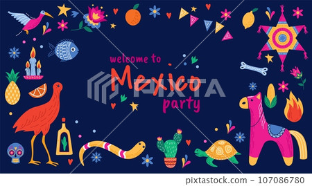 Mexico welcome banner design. Mexican party invitation. Traditional carnival. Pinata horse and paper star with confetti. Festival flag garland. Muertos skull. Funny animals. Vector holiday background Mexico welcome banner design. Mexican party invitation. Traditional carnival. Pinata horse and paper star with confetti. Festival flag garland. Muertos skull. Funny animals. Vector holiday background 107086780