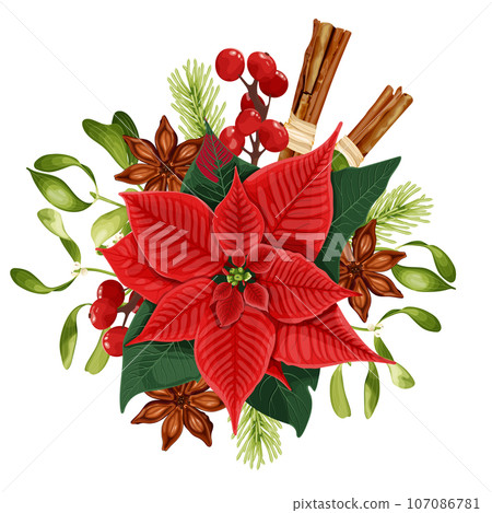 Christmas decor. Bouquet with red poinsettia flower, mistletoe, berries, cinnamon, anise. Christmas decor. Bouquet with red poinsettia flower, mistletoe, berries, cinnamon, anise. 107086781