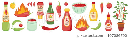Hot sauces. Spicy seasoning. Burning red pepper. Food products. Salsa bottles or bowls. Cooking ingredient. Jalapeno and cayenne. Mexican cuisine. Isolated tomato and paprika. Vector chili spices set 107086790