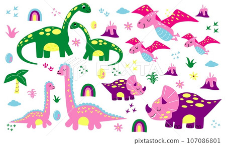 Dinosaur family. Mom and child. Cute dino. Happy Jurassic animals. Funny children. Doodle style drawing. Nursery decorative elements. Rainbow and footprints. Cartoon flat style isolated illustration 107086801